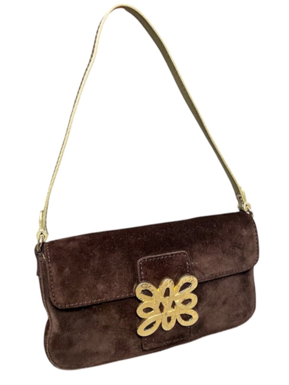Kate Spade Brown Suede Shoulder Bag Hammered Gold Accent & Metallic Leather Trim